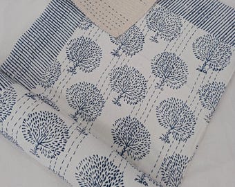 Hand Block Print Kantha Quilt - Floral Cotton Bedspread