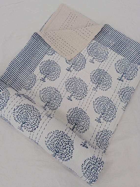 Hand Block Print Kantha Quilt - Floral Cotton Bedspread