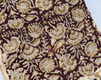Handmade Cotton Throw Blanket – Mustard and Cream Floral on Burgundy tone – Boho Sofa and Bed Cover with Tassel