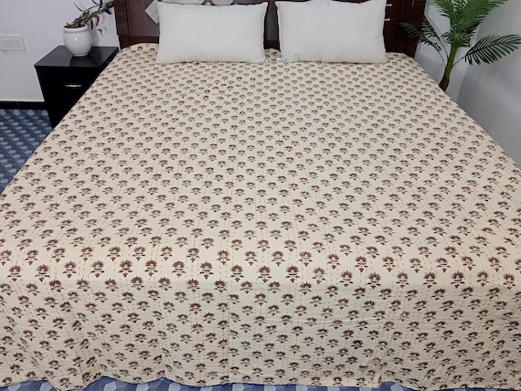 HandBlock Print Bedding Floral Kantha Quilt Handmade Cotton Kantha Quilt Block Print Light Weight Full Size Bedding Bedspread