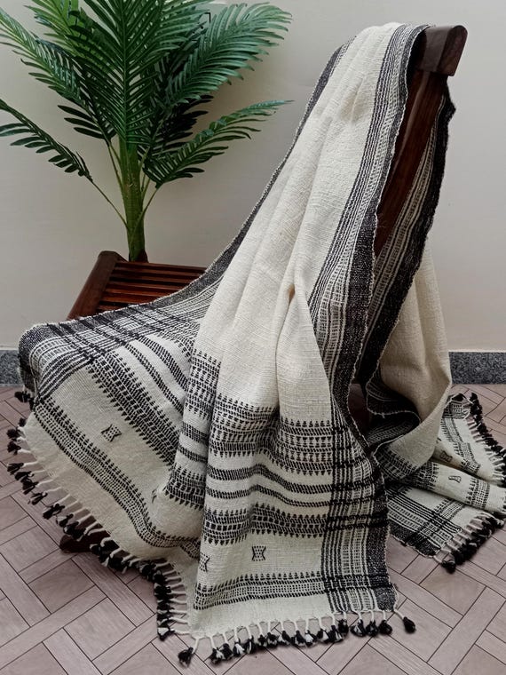Indian Handmade Wool Throw Blanket | Bhujodi Blanket | Wool Blanket in Handwoven Wool Throw Blanket Cottage Living Room Décor