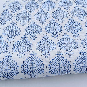 Blue Floral Print Floral Kantha Quilt Handmade Cotton Kantha Quilt HandBlock Print Bedding Bedspreads Block Print Quilted Light Weight quilt