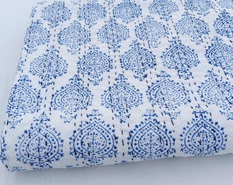 Blue Floral Print Floral Kantha Quilt Handmade Cotton Kantha Quilt HandBlock Print Bedding Bedspreads Block Print Quilted Light Weight quilt