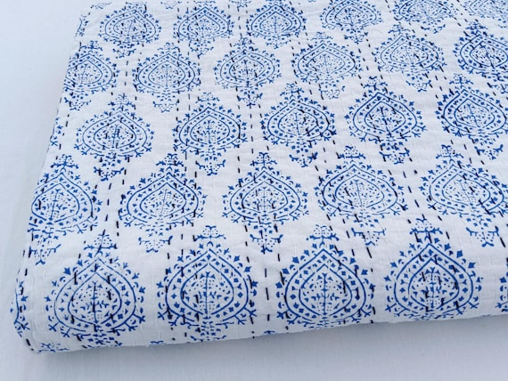 Blue Floral Print Floral Kantha Quilt Handmade Cotton Kantha Quilt HandBlock Print Bedding Bedspreads Block Print Quilted Light Weight quilt