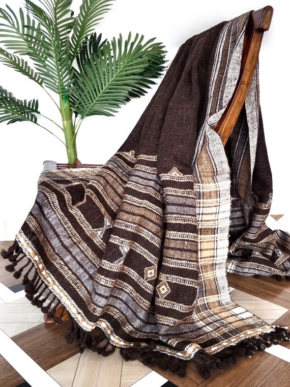 Indian Handmade Wool Throw Blanket Heavy Work | Bhujodi Blanket | Wool Blanket in Handwoven Wool Throw Blanket Cottage Living Room Décor