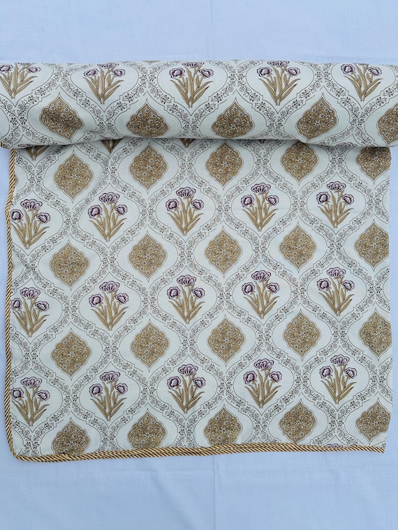 Reversible Indian Cotton Dohar | Hand Block Printed Quilt in Ivory & Mustard | Lightweight Summer Blanket | Traditional Bedding Throw
