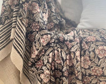 Hand Block Print Cotton Throw Blanket: Hand Loomed, Tassels, Organic Home Décor