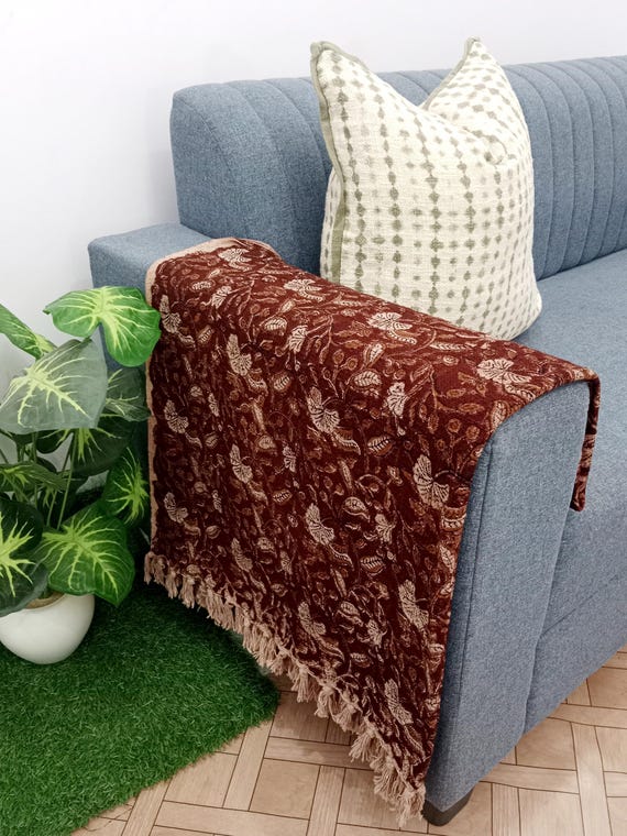 Handmade Floral throw blanket Hand block printed throw Cotton throw blanket couch Sofa/bed throw for decor and bedroom Housewarming gift.
