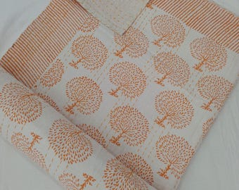 Orange Floral Kantha Quilt Handmade Cotton Kantha Quilt HandBlock Print Bedding Block Print Light Weight Full Size Bedding Bedspread Orange