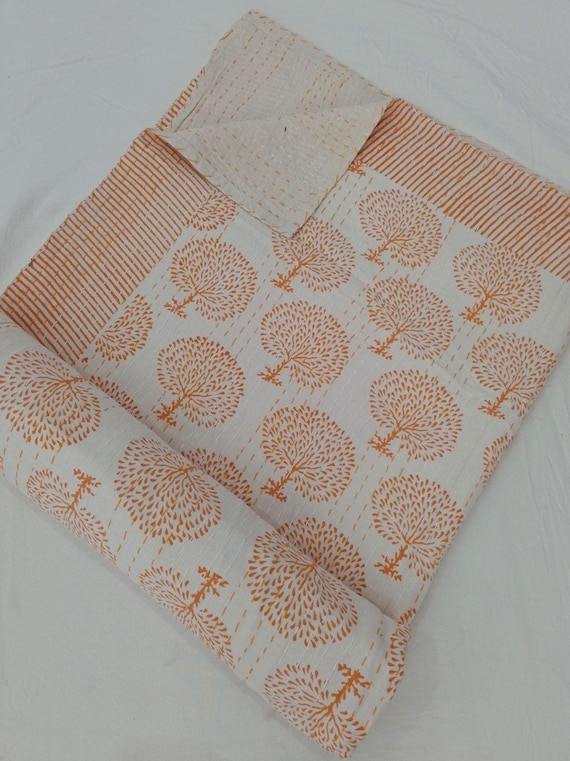 Orange Floral Kantha Quilt Handmade Cotton Kantha Quilt HandBlock Print Bedding Block Print Light Weight Full Size Bedding Bedspread Orange