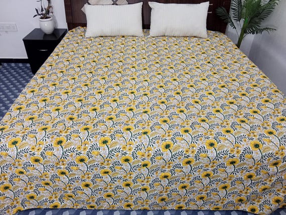 HandBlock Print Bedding Floral Kantha Quilt Handmade Cotton Kantha Quilt Block Print Light Weight Full Size Bedding Bedspread