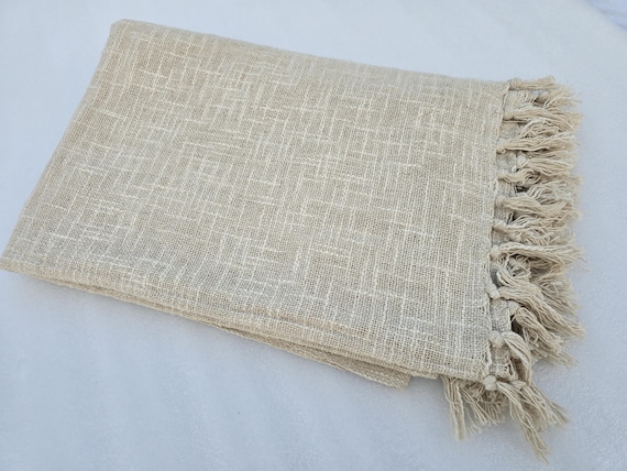 Off white Natural Sofa Throw Vantage inspired throw Handmade Cotton Throw Cotton Blanket, Decorative Throw with Tassels, Hand Loomed