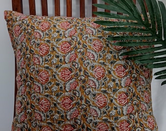 Handmade Kantha Cushion-Pillow Cover, Floral Hand Block Print Cotton Cushion