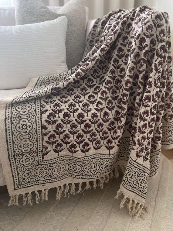 Premium Sofa Décor Room Décor Handmade Throw Hand block print Soft Cotton Throw Blanket Tassels Hand Loomed Block Print Cotton Sofa Throw
