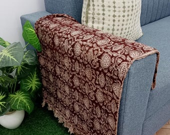 Handwoven Organic Cotton Throw Blanket – Boho Tassels, Handblock Print, Cozy Accent