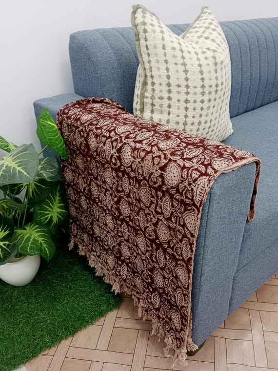 Handwoven Cotton Throw Blanket – Eco-Friendly Handmade Blanket with Boho Tassels, Handblock Print for Bedroom, Premium Soft Cotton Material