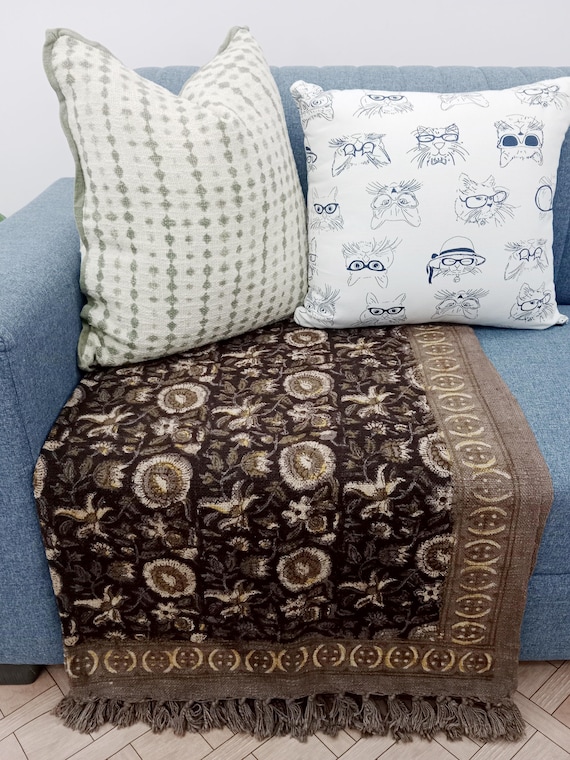 Premium Handmade Cotton Throw Blanket Cozy Boho Blanket with Tassels & Beautiful Handblock Print for Living Room, Couch Bedroom Décor