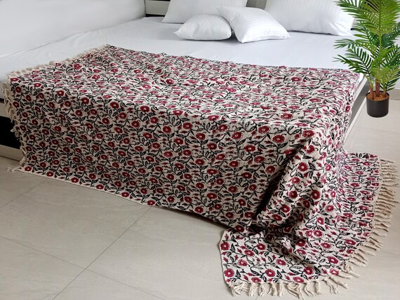 Handmade Throw Handblock print Throw Cotton Throw Blanket Tassels Hand Loomed Super Soft Block Print Cotton Sofa Throw Sofa Decor.