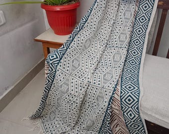 Hand Block Printed Cotton Throw Blanket, Moss Green, Vintage Style