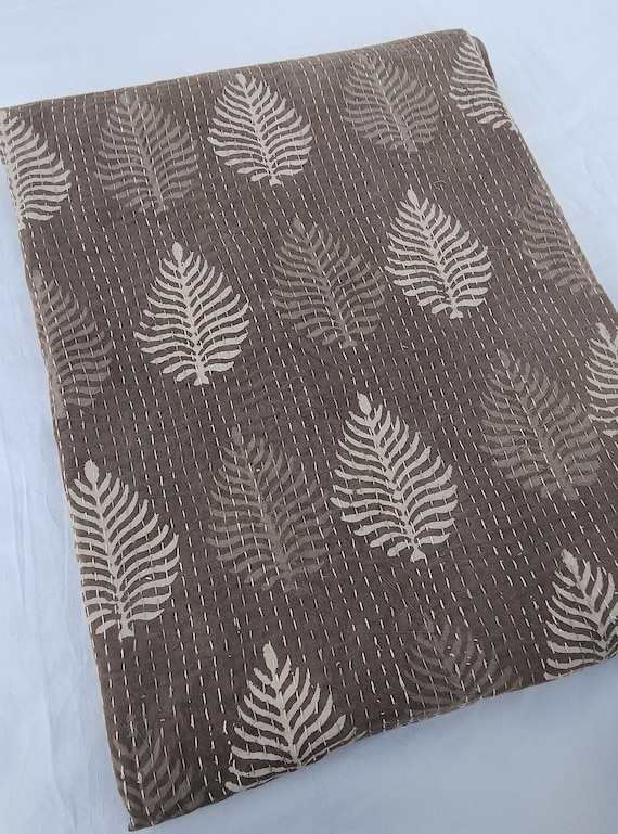 Luxury Valentine's Day Gifts, Brown Kantha Quilt, Handmade Quilted Bedding Hand Block Print Bedspread, Lightweight Boho Throw Cotton Blanket