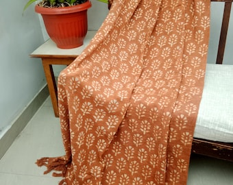 BOHO Floral Throw BLANKET in Block print With Tassels Hand loomed Block Print Organic Cotton Sofa and Bed Throw Cozy Neutral Vintage Throw.
