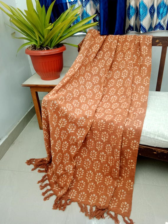 BOHO Floral Throw BLANKET in Block print With Tassels Hand loomed Block Print Organic Cotton Sofa and Bed Throw Cozy Neutral  Vintage Throw.