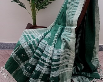 Handmade Bhujodi Wool Throw Blanket | Teal Green, Geometric Pompoms