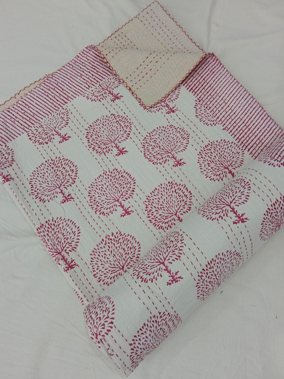 Indian Kantha Quilt Bedspread Bedding Blanket Doona Duvet Pure Cotton King Size Bedding Set Hand Block Print Coverlet Kantha Throw
