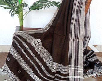 Handwoven Woolen Throw Blanket, Dark Brown with Beige Border, Traditional Ethnic Sofa Throw, Cozy Wool Blanket
