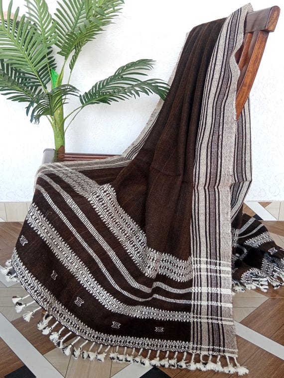 Handwoven Woolen Throw Blanket, Dark Brown with Beige Border, Traditional Ethnic Sofa Throw, Cozy Wool Blanket