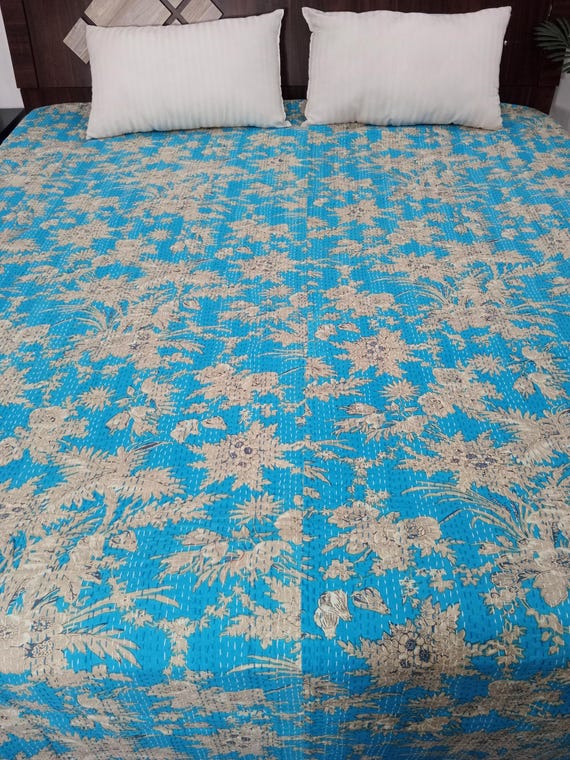 HandBlock Print Bedding Floral Kantha Quilt Handmade Cotton Kantha Quilt Block Print Light Weight Full Size Bedding Bedspread
