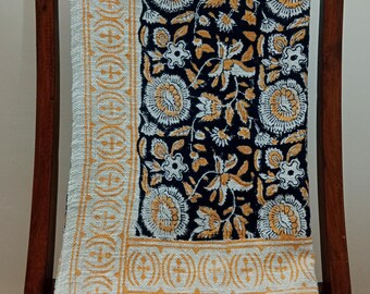Handmade Boho Cotton Premium Throw Blanket, Floral Handblock Print, Tassels Exclusive Throw
