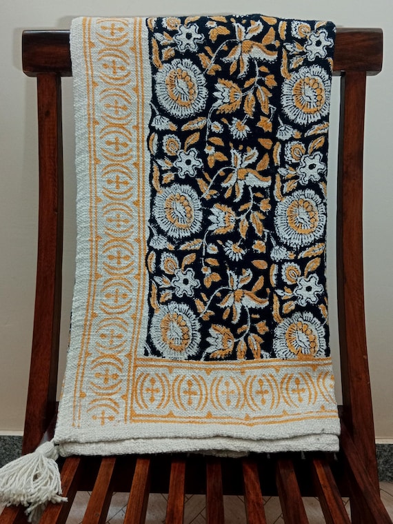 Handmade Boho Cotton Premium Throw Blanket, Floral Handblock Print, Tassels Exclusive Throw