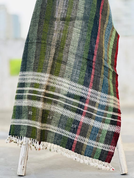 Handmade Bhujodi Wool Throw Blanket | Indian Wool Throw for Sofa or Bed | Cozy Vintage Handwoven Accent for Cottage or Rustic Home Decor