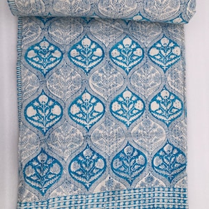 Blue White Hand Block Print Cotton Kantha Quilt, Lightweight Bedspread, Traditional Floral Blanket, Soft Cotton Bedding for All Seasons