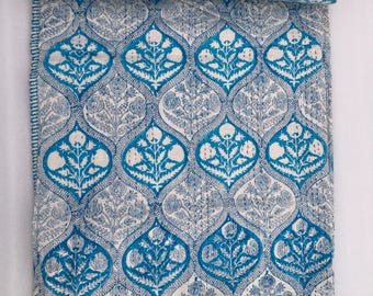 Blue White Hand Block Print Cotton Kantha Quilt, Lightweight Bedspread, Traditional Floral Blanket, Soft Cotton Bedding for All Seasons