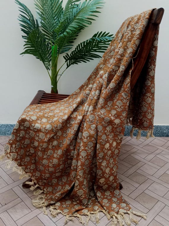 Luxury Handmade Cotton Throw Blanket – Traditional Indian Handblock Print, Boho Tassels, Premium Cotton for Sofa, Living Room Bedroom Décor