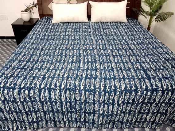 HandBlock Print Bedding Floral Kantha Quilt Handmade Cotton Kantha Quilt Block Print Light Weight Full Size Bedding Bedspread