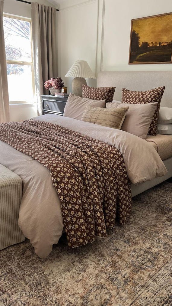 Brown Kantha Quilt Handmade Kantha Quilt - Indian Block Print Bedding Cozy Throw Blanket Ideal for Mother’s Day Gift or Bedroom Makeover