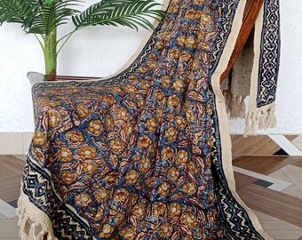 Blue Mustard Floral Throw Handmade Cotton Throw Boho Sofa Blanket Traditional Indian Home Decor