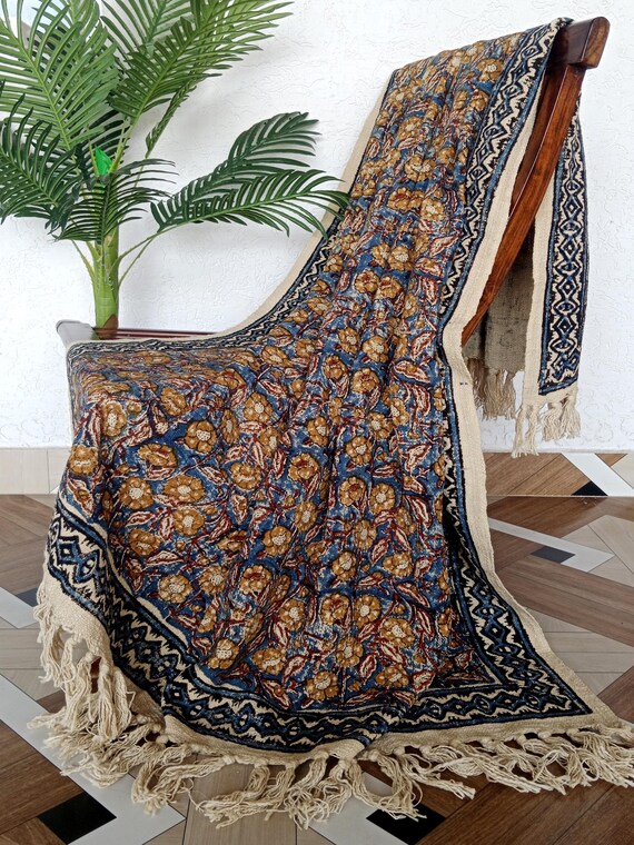 Blue Mustard Floral Throw Handmade Cotton Throw Boho Sofa Blanket Traditional Indian Home Decor