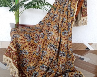 Indian Cotton Throw Blanket Mustard Blue Floral Block Print Bohemian Bedspread Handmade Sofa Cover Decor