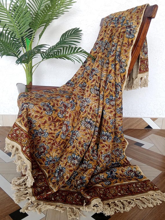 Indian Cotton Throw Blanket Mustard Blue Floral Block Print Bohemian Bedspread Handmade Sofa Cover Decor