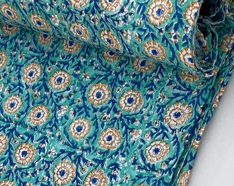 Handmade Kantha Quilt, Floral Block Print Cotton Quilt, Blue Multicolor Bedspread, Lightweight Blanket, Boho Bedding Queen Coverlet