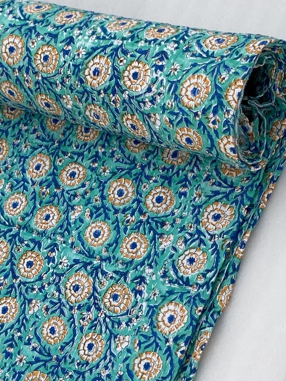Handmade Kantha Quilt, Floral Block Print Cotton Quilt, Blue Multicolor Bedspread, Lightweight Blanket, Boho Bedding Queen Coverlet