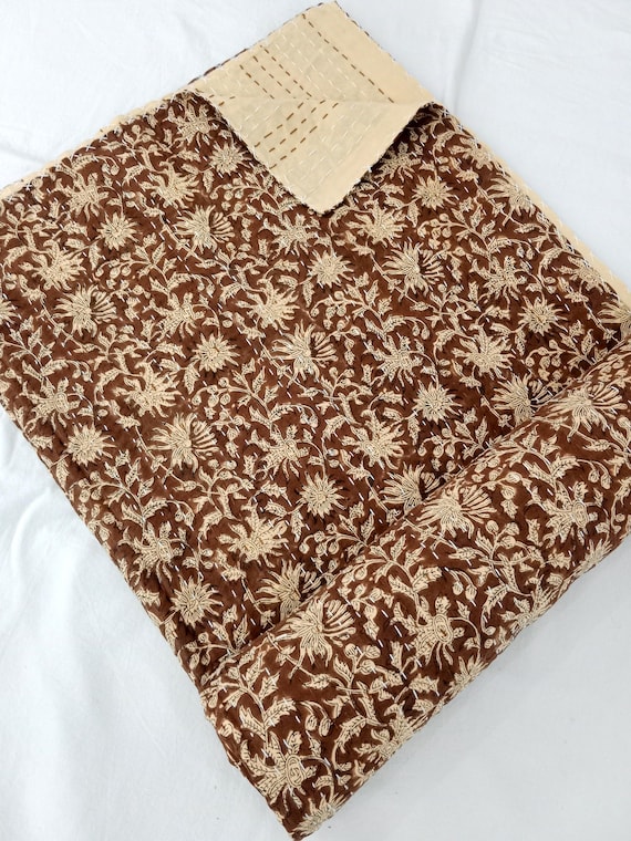 Indian Kantha Quilt Bedspread Bedding Blanket Doona Duvet Pure Cotton King Size Bedding Set Hand Block Print Coverlet Kantha Throw