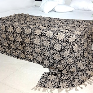 Organic Cotton Handblock Print Throw Blanket, Boho Tassels, Vintage Sofa Decor