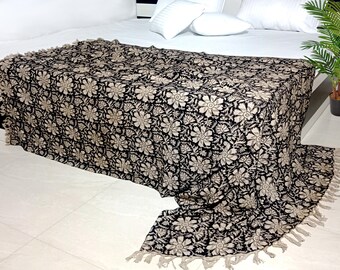 Bohemian Cotton Throw Handmade Blanket with Handblock Print, Boho Tassels & Vintage Design for Sofa, Couch Stylish Home Décor in Cozy