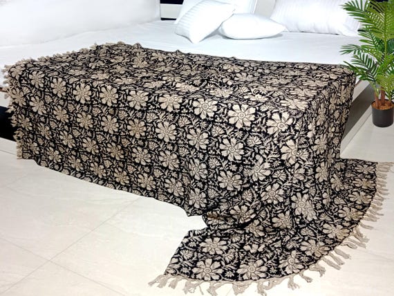 Bohemian Cotton Throw Handmade Blanket with Handblock Print, Boho Tassels & Vintage Design for Sofa, Couch Stylish Home Décor in Cozy