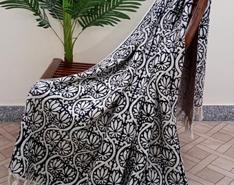 Handmade Block Print Cotton Throw Blanket with Tassels